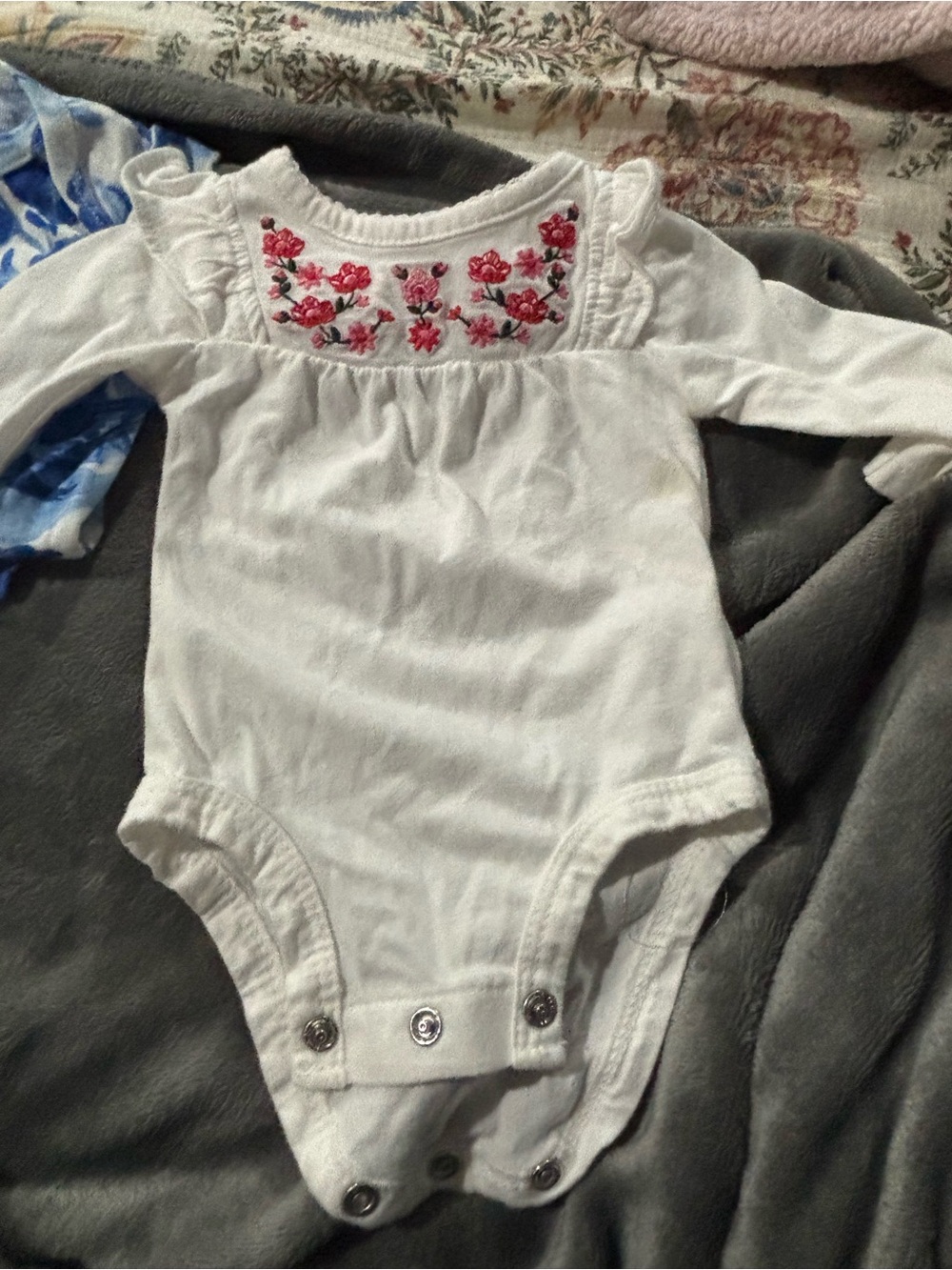 Carter's White Long-Sleeve Floral Embroidered One-Piece Bodysuit